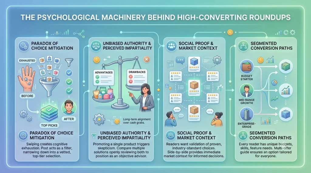 Infographic displaying four psychological principles behind high-converting review roundups: choice mitigation, unbiased authority, social proof, and segmented conversion paths.