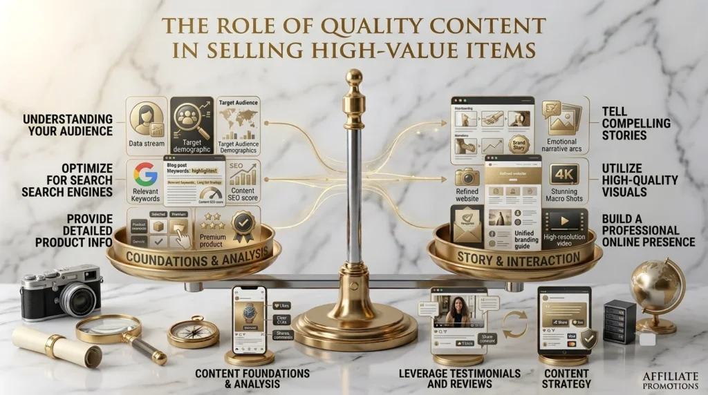 A luxury 16:9 infographic titled "THE ROLE OF QUALITY CONTENT IN SELLING HIGH-VALUE ITEMS" on a white marble background, featuring a balanced brass scale that displays key content strategies divided into Foundations & Analysis, Story & Interaction, and Content Strategy.