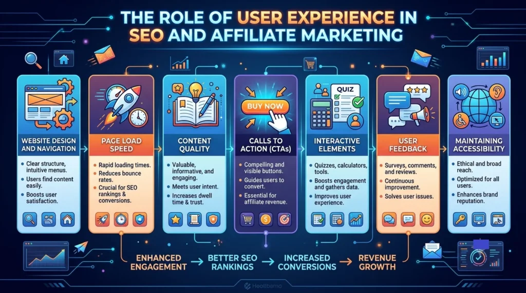 Infographic showing the 7 pillars of user experience in SEO and affiliate marketing: website design, speed, content quality, CTAs, interactive elements, feedback, and accessibility.
