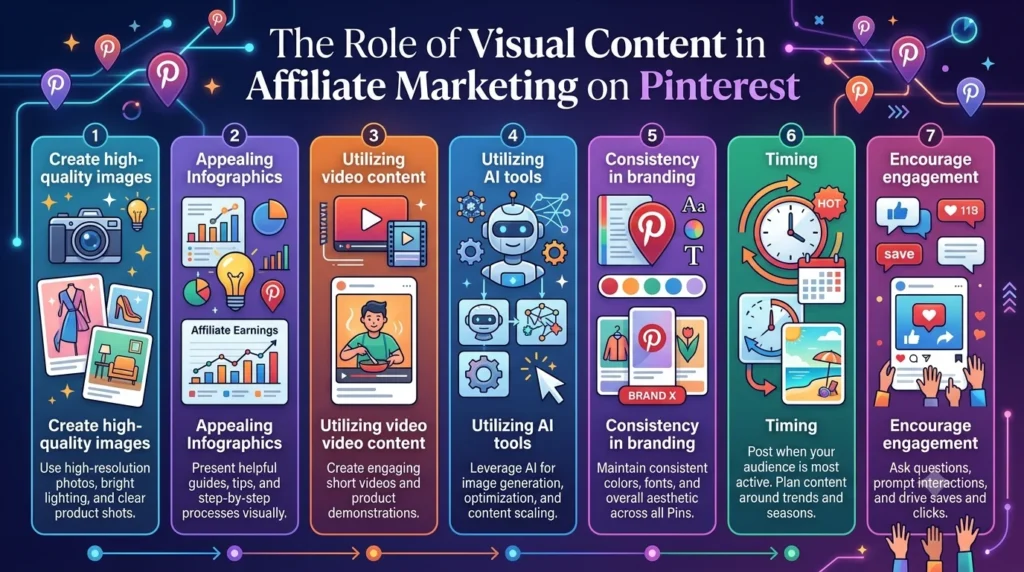 A detailed infographic for "The Role of Visual Content in Affiliate Marketing on Pinterest.png" outlining seven strategies: creating high-quality images, using infographics and videos, leveraging AI tools, maintaining consistent branding, timing posts for engagement, and encouraging interaction.