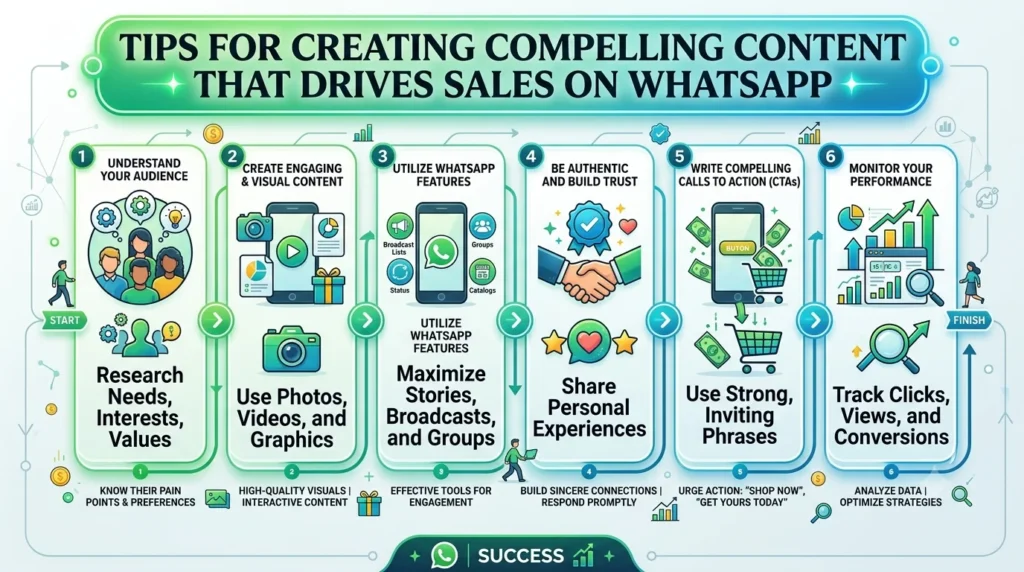 A green and blue digital infographic titled "TIPS FOR CREATING COMPELLING CONTENT THAT DRIVES SALES ON WHATSAPP" featuring six vertical columns with icons and descriptions outlining content strategy steps from "Understand Your Audience" to "Monitor Your Performance."