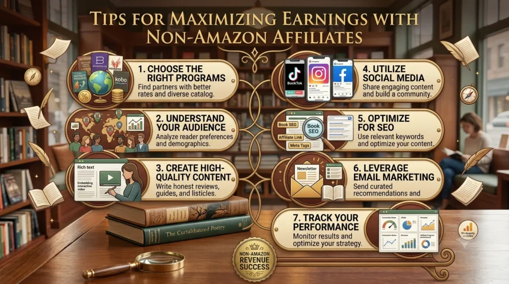 A cohesive 16:9 infographic in a warm, cozy bookstore setting, titled "TIPS FOR MAXIMIZING EARNINGS WITH NON-AMAZON AFFILIATES," detailing seven strategic data panels connected by gold and brass filigree.
