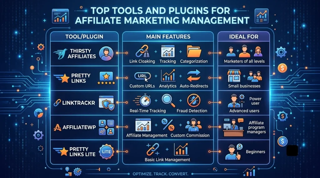 Infographic comparison chart showcasing top tools and plugins for affiliate marketing management, highlighting main features and ideal target audiences.