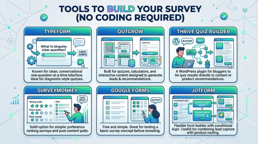 An infographic titled "TOOLS TO BUILD YOUR SURVEY (NO CODING REQUIRED)" showcasing six software platforms with illustrations of their key features. The platforms are Typeform, Outgrow, Thrive Quiz Builder, SurveyMonkey, Google Forms, and Jotform, each with a brief descriptive text detailing their primary use cases for interactive content and recommendations.