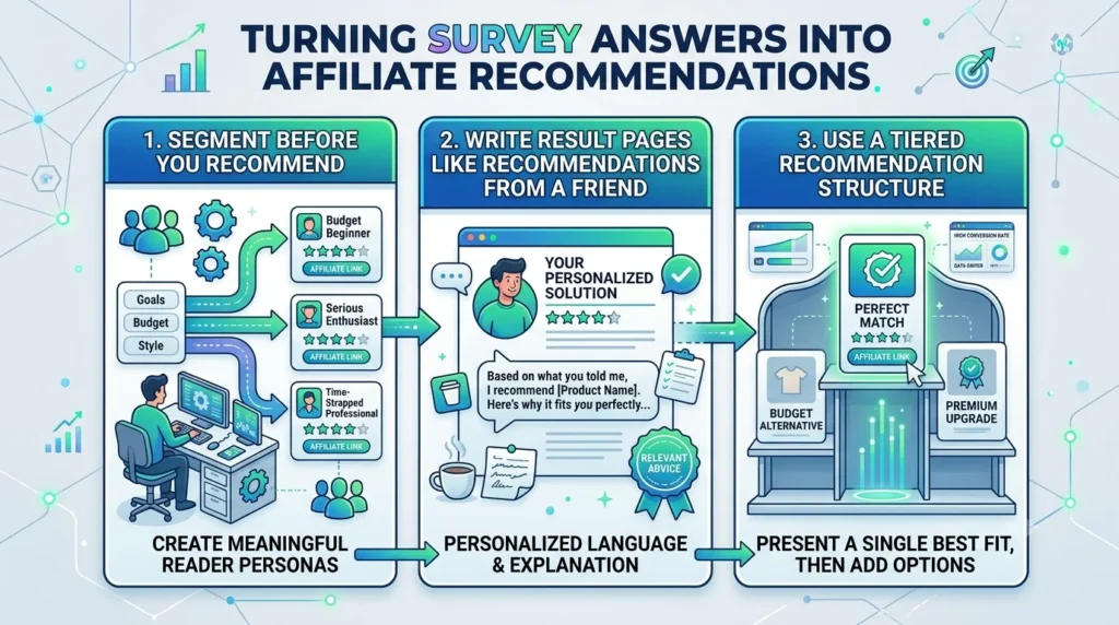 An infographic titled "TURNING SURVEY ANSWERS INTO AFFILIATE RECOMMENDATIONS" outlining a three-step process: 1. Segment Before You Recommend (creating reader personas), 2. Write Result Pages Like Recommendations From a Friend (using personalized language), and 3. Use a Tiered Recommendation Structure (presenting a primary best fit alongside budget and premium alternatives).