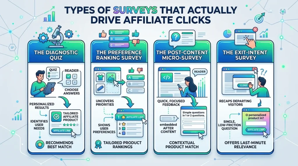 A clean and colorful infographic detailing four types of surveys for affiliate marketing success. Each type has a column with custom icons, illustrations, and descriptive text. The columns from left to right are "The Diagnostic Quiz," "The Preference Ranking Survey," "The Post-Content Micro-Survey," and "The Exit-Intent Survey." Below the title, the image lists bullet points like "Personalized Results" and "Contextual Product Match."
