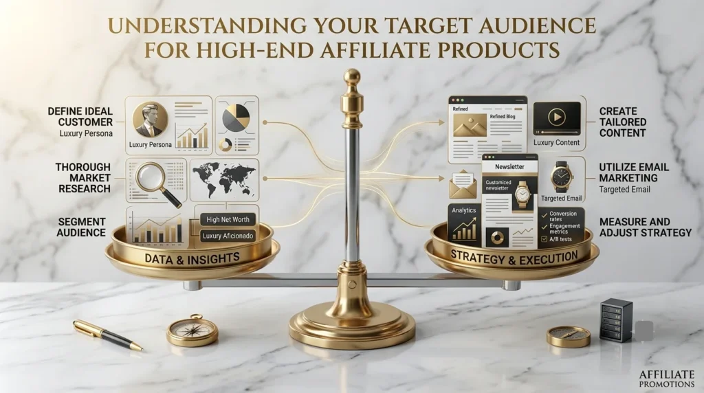 A luxury-style 16:9 infographic titled "UNDERSTANDING YOUR TARGET AUDIENCE FOR HIGH-END AFFILIATE PRODUCTS" set on a white marble background, featuring a balanced brass scale with six key steps divided into Data & Insights