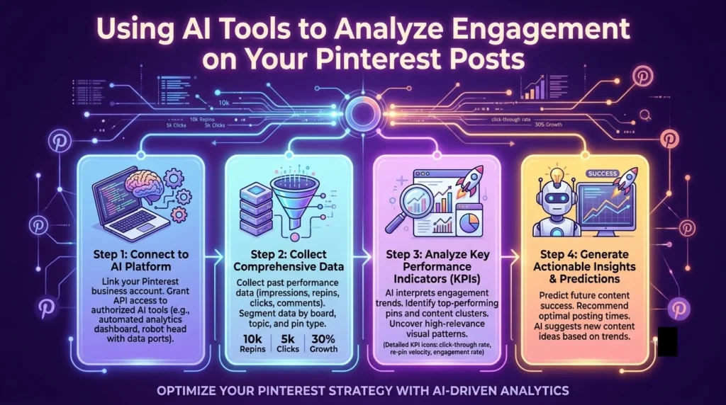 A 16:9 infographic titled 'Using AI Tools to Analyze Engagement on Your Pinterest Posts' outlining key steps: identify your content, utilize Pinterest Analytics and AI-powered tools, optimize visual content, leverage AI for keyword optimization, and regularly track pin performance.
