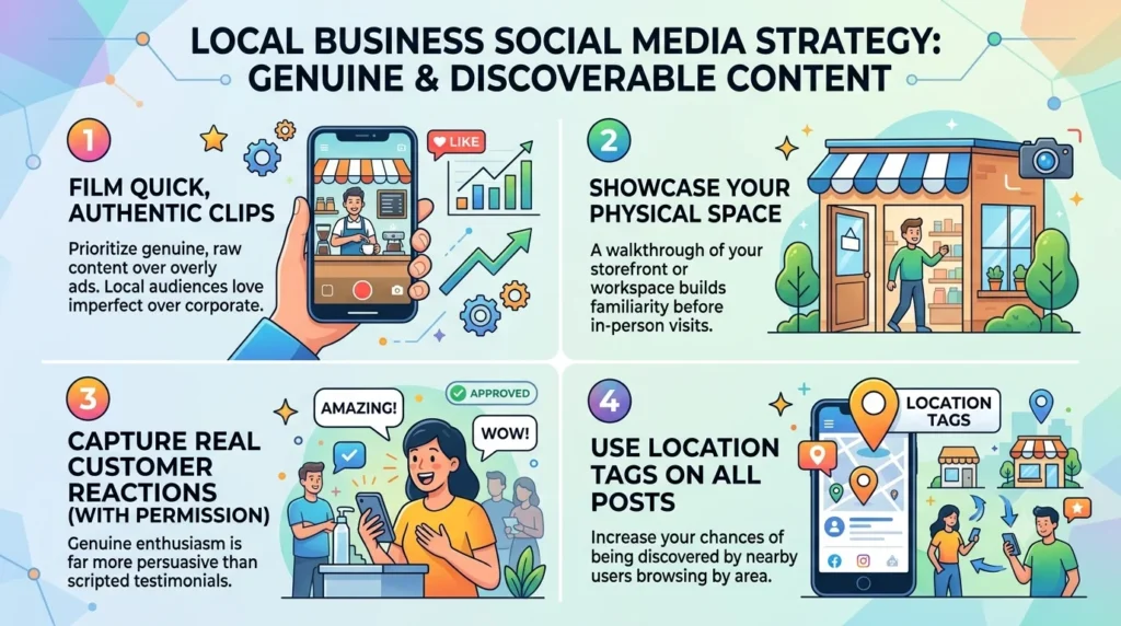 An infographic detailing four strategies for local business video engagement.