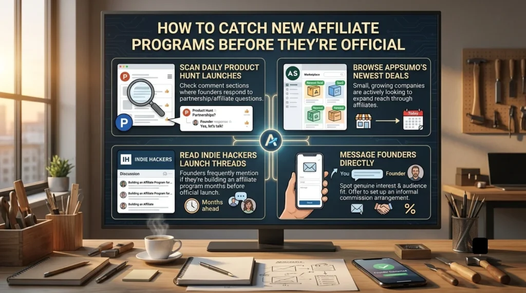 Marketing infographic on a monitor showing four steps to finding early affiliate programs: scanning Product Hunt comments, browsing AppSumo deals, reading Indie Hackers threads, and messaging founders directly.