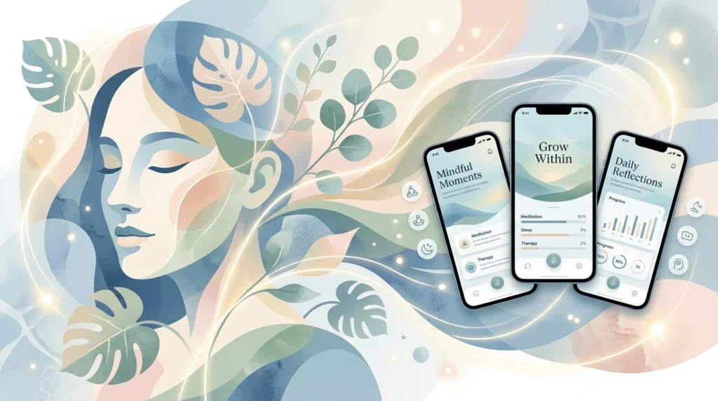 Abstract vector illustration of a peaceful face silhouette flowing into monstera and eucalyptus leaves next to three wellness mobile app mockups.