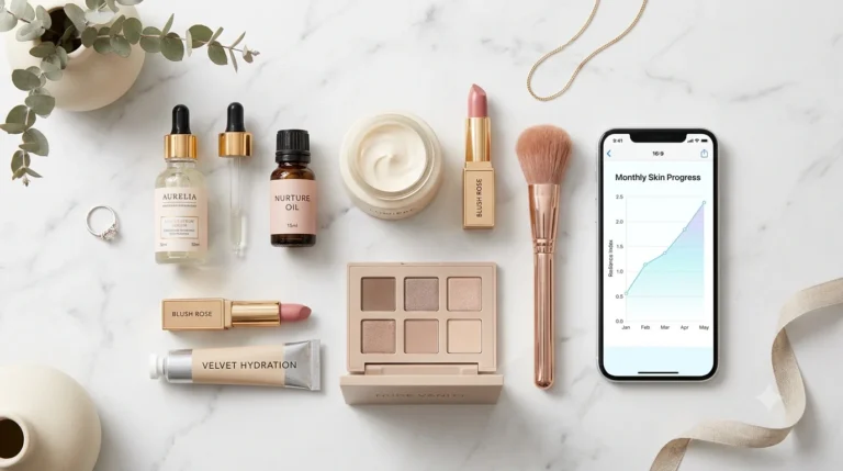 A flat lay photo of various cosmetic products like "BLUSH ROSE" lipstick, "NURETURE OIL," an eyeshadow palette, and a cream next to a phone displaying a skincare progress chart, all set on a marble surface. This is the featured image for the article "What Are the Best Beauty and Skincare Affiliate Programs".