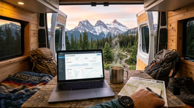 An over-the-shoulder view from inside a wooden camper van looking out at sunrise mountains, with a laptop showing a marketing dashboard, a steaming mug, and a topographic map on a rustic table in the foreground.