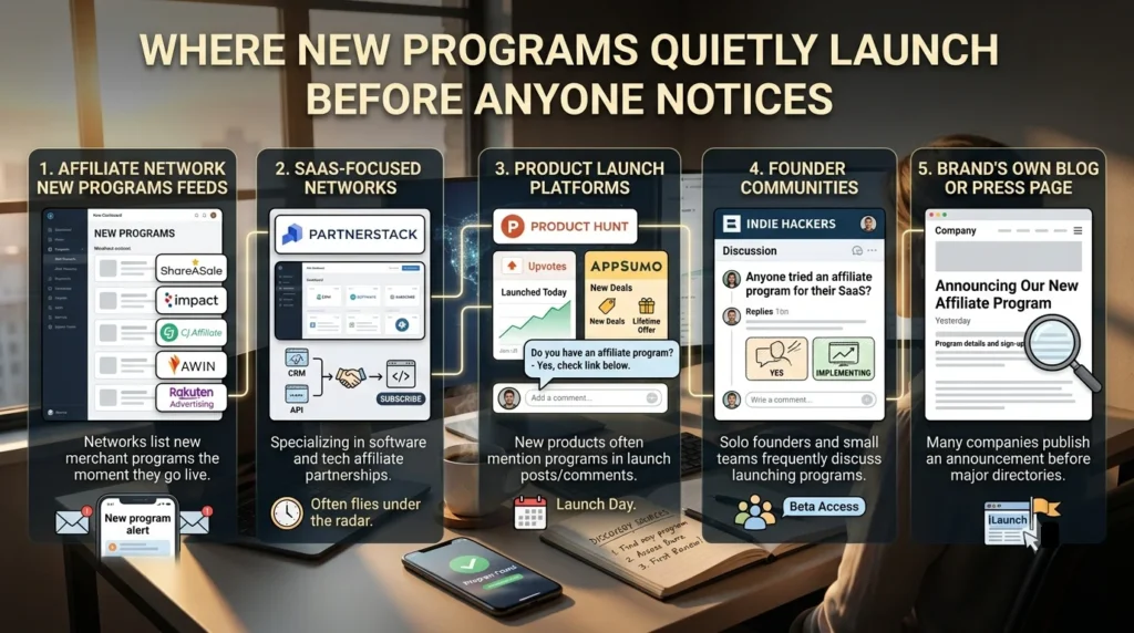 Marketing infographic on a monitor showing four steps to finding early affiliate programs: scanning Product Hunt comments, browsing AppSumo deals, reading Indie Hackers threads, and messaging founders directly.