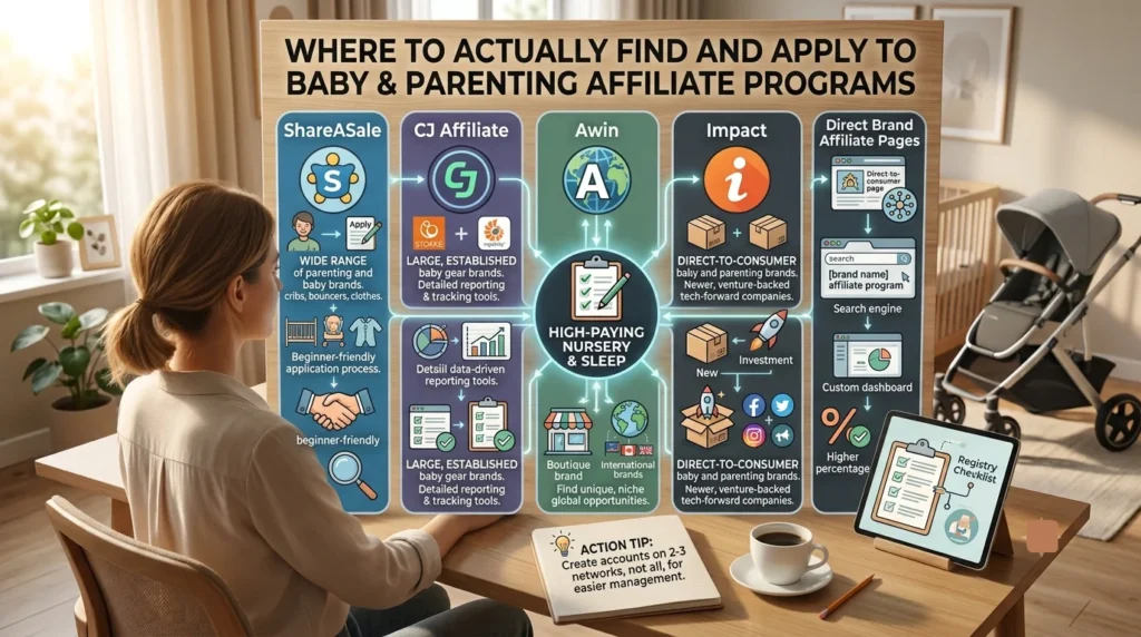 A large infographic in a home office details where to find and apply to baby and parenting affiliate programs, including networks like ShareASale, CJ Affiliate, Awin, Impact, and direct brand pages.