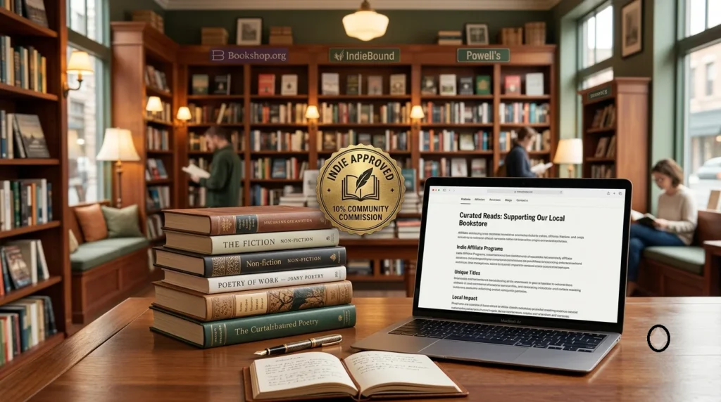 A warm 16:9 featured image set inside a cozy independent bookstore, featuring a laptop with an affiliate article alongside a stack of physical books and a brass "INDIE APPROVED 10% COMMUNITY COMMISSION" badge.