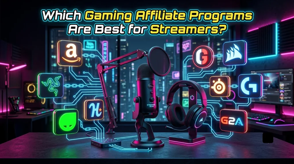 A professional streaming microphone and headset on a desk, surrounded by glowing neon icons of gaming brands connected by circuit lines, with the text overlay "Which Gaming Affiliate Programs Are Best for Streamers?"
