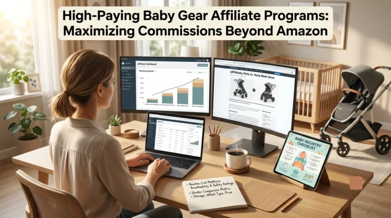 Sunlit home office setup featuring dual monitors displaying a baby gear affiliate dashboard and product comparisons, a tablet with a baby registry checklist, and a crib in the background.
