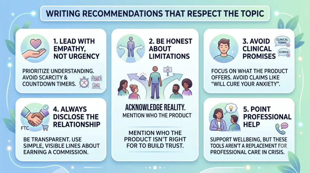 Infographic outlining five ethical principles for writing mental health affiliate recommendations.