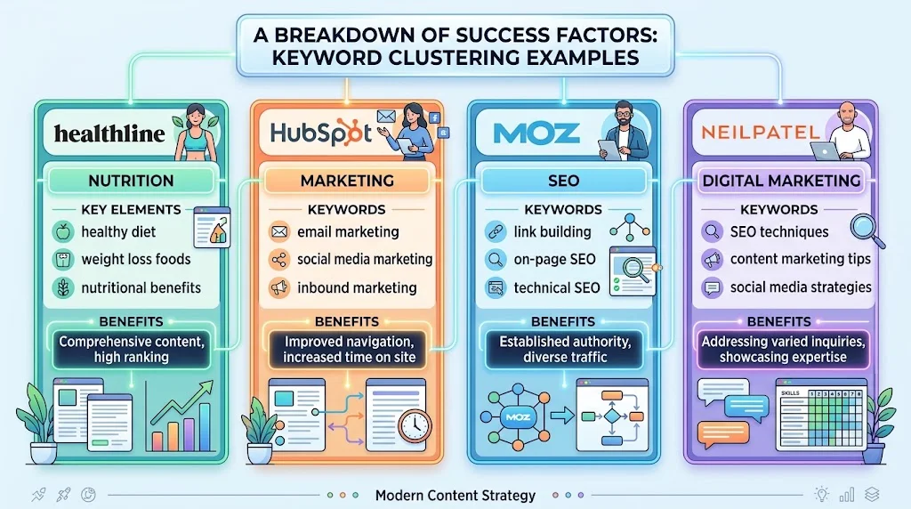 An infographic titled 'A BREAKDOWN OF SUCCESS FACTORS: KEYWORD CLUSTERING EXAMPLES' showing four case studies