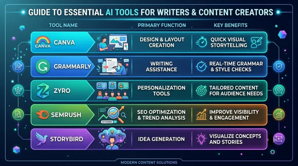 An infographic titled "GUIDE TO ESSENTIAL AI TOOLS FOR WRITERS & CONTENT CREATORS," comparing five tools: Canva, Grammarly, Zyro, SEMrush, and Storybird.