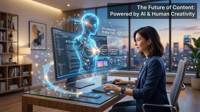 An elegant businesswoman in a modern cityscape office collaborates with a glowing, semi-transparent AI hologram and monitor displaying text such as 'CO-CREATION IN REAL-TIME' and 'AI CO-PILOT'.