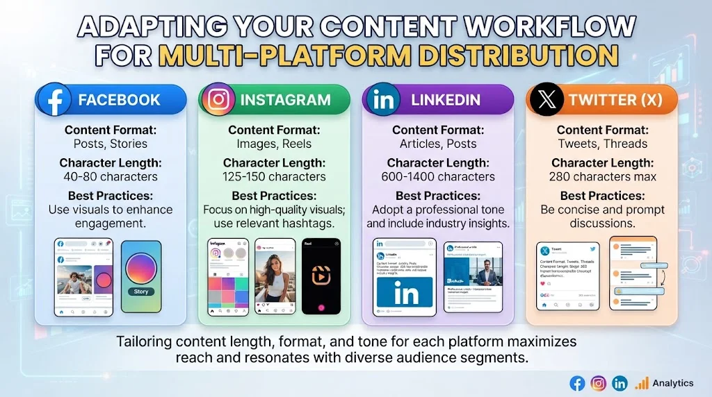 Infographic outlining multi-platform distribution best practices for Facebook, Instagram, LinkedIn, and Twitter, detailing content formats, character lengths, and engagement strategies.