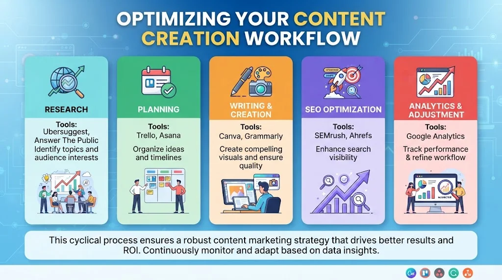 Infographic illustrating the content creation workflow stages—Research, Planning, Writing & Creation, SEO Optimization, and Analytics & Adjustment—with their corresponding tools and purposes.
