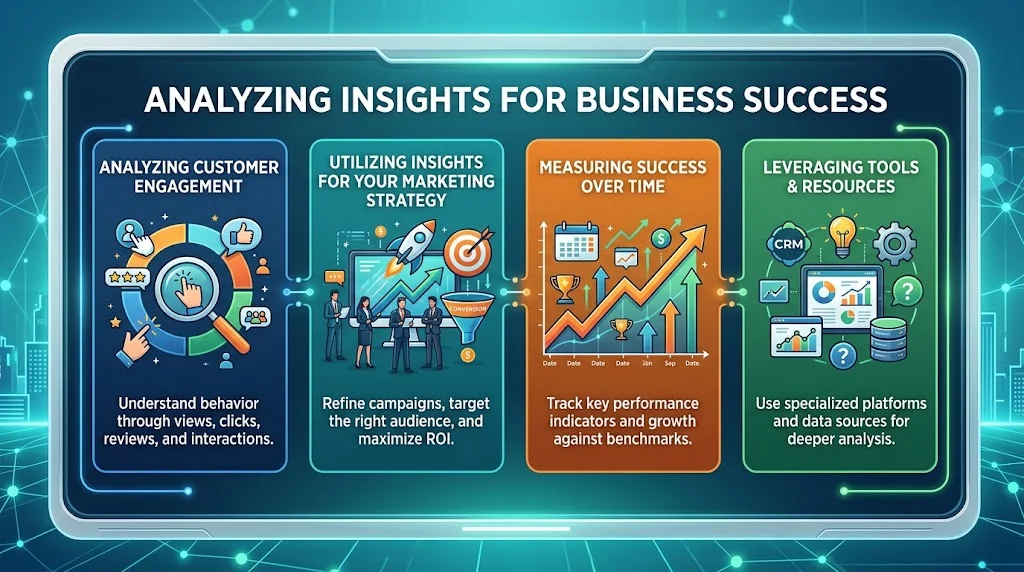 An infographic titled "Analyzing Insights for Business Success" outlining four steps: Analyzing Customer Engagement, Utilizing Insights for Your Marketing Strategy, Measuring Success Over Time, and Leveraging Tools & Resources.