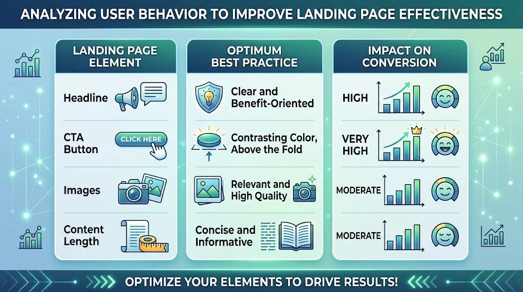 Infographic chart mapping landing page elements to best practices and conversion impact.