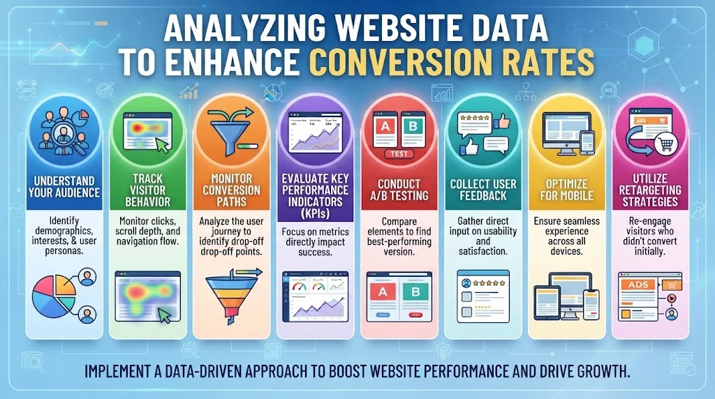 Infographic illustrating eight steps to analyze website data and enhance conversion rates: understand audience, track behavior, monitor paths, evaluate KPIs, A/B testing, collect feedback, mobile optimization, and retargeting.