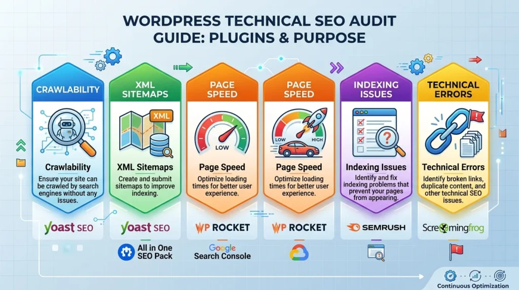 Infographic listing WordPress technical SEO audit areas, recommended plugins like Yoast SEO and WP Rocket, and their main audit functions.