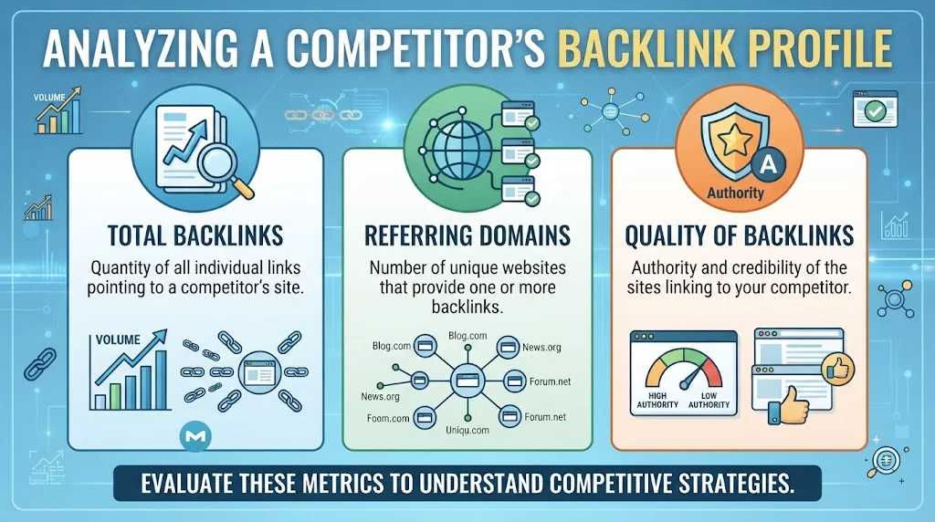 Infographic detailing key components of a competitor's backlink profile—Total Backlinks, Referring Domains, and Quality of Backlinks.