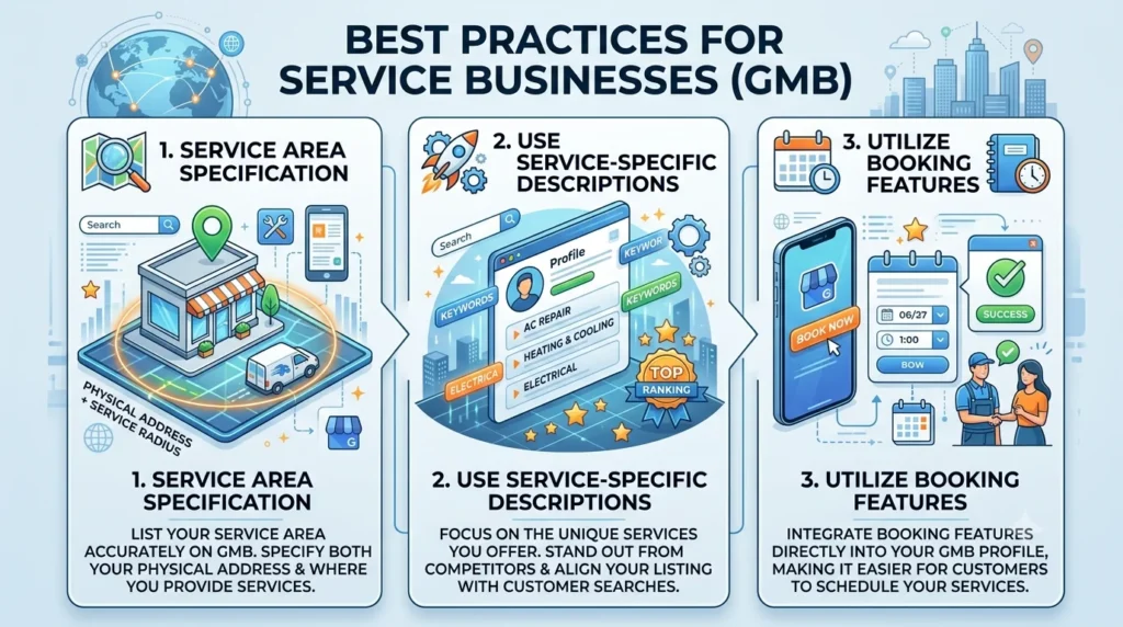 Infographic: Best Practices for Service Businesses on Google My Business, highlighting Service Area Specification, Service-Specific Descriptions, and Booking Features.