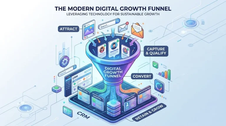 Isometric illustration detailing the "Modern Digital Growth Funnel" and data flow.