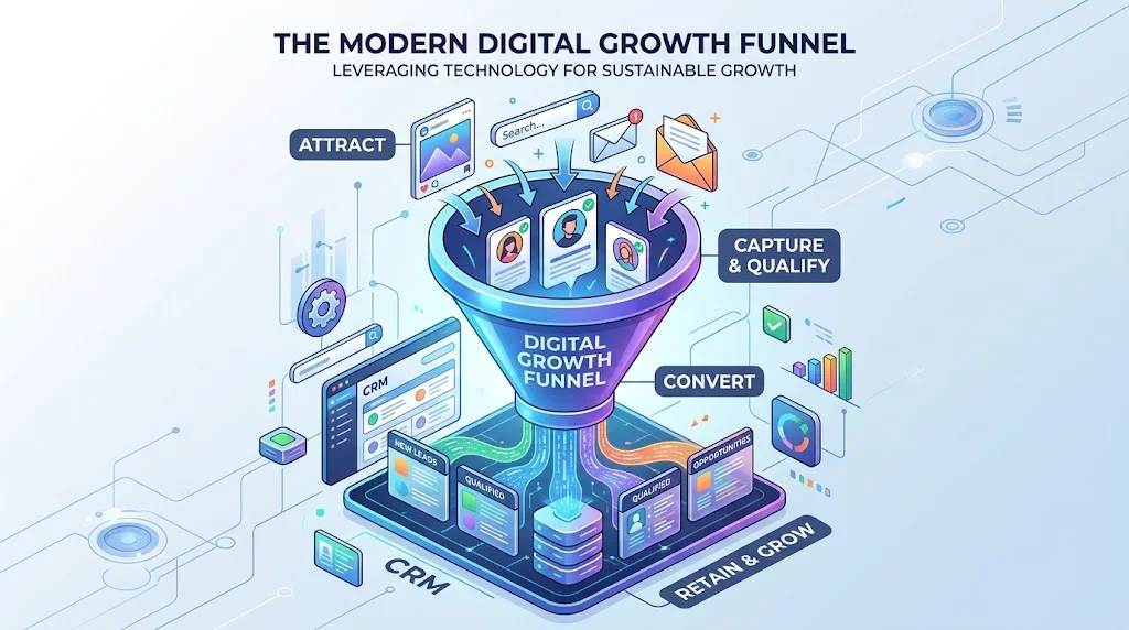 Isometric illustration detailing the "Modern Digital Growth Funnel" and data flow.