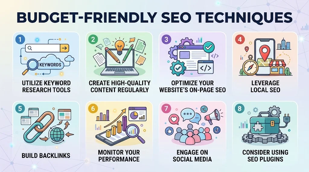 An infographic titled "BUDGET-FRIENDLY SEO TECHNIQUES" displaying eight numbered, illustrated steps to improve search engine rankings, from keyword research to using SEO plugins.