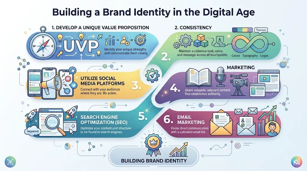 An infographic titled "Building a Brand Identity in the Digital Age" illustrating six connected steps with icons, leading to the core concept of brand identity at the bottom.