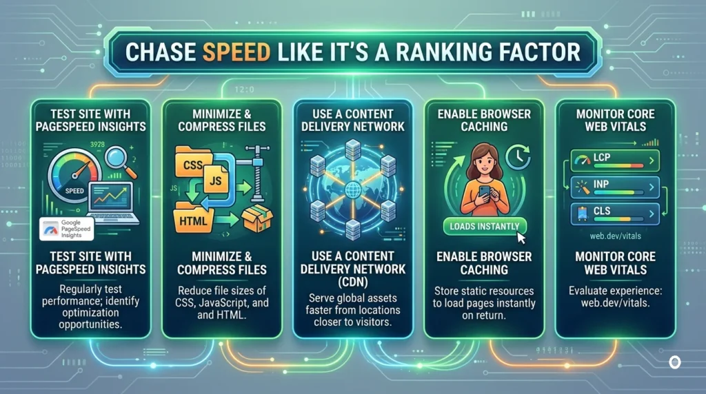Infographic outlining 5 key steps to optimize website speed and Core Web Vitals.
