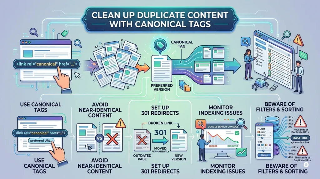 Infographic displaying 5 techniques to manage duplicate content using canonical tags.