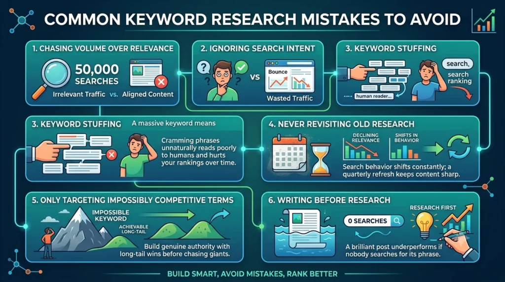 An infographic titled "Common Keyword Research Mistakes to Avoid," detailing six distinct pitfalls with illustrations and text.