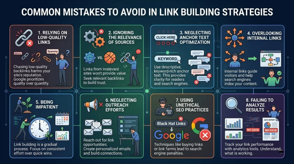Infographic detailing 8 common mistakes to avoid in link building strategies.