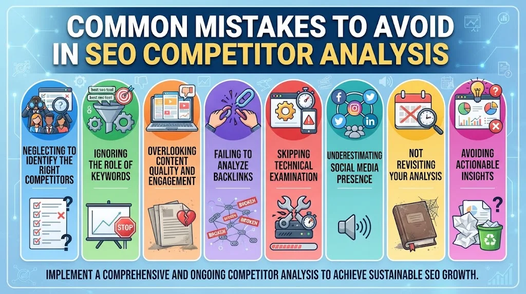 Infographic detailing eight common mistakes to avoid in SEO competitor analysis: neglecting competitors, ignoring keywords, overlooking content, missing backlinks, skipping technical SEO, underestimating social media, not revisiting analysis, and avoiding actionable insights.