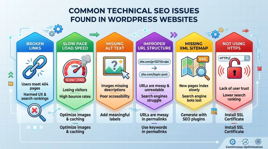 Infographic detailing six common technical SEO issues in WordPress, including broken links, slow page speed, missing alt text, poor URL structure, missing sitemaps, and non-HTTPS security.