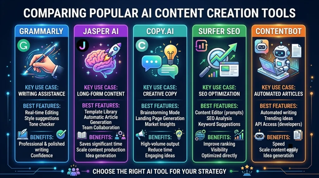 A detailed infographic titled "COMPARING POPULAR AI CONTENT CREATION TOOLS," with five columns for Grammarly, Jasper AI, Copy.ai, Surfer SEO, and ContentBot.