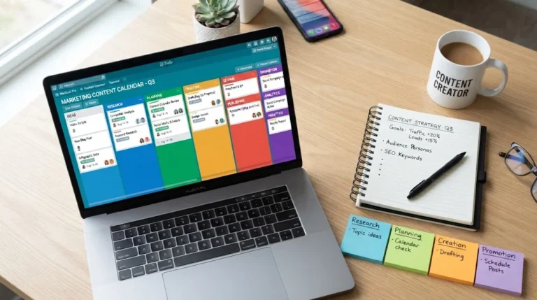 Flat-lay photo of a laptop displaying a marketing content calendar, accompanied by a notebook, coffee mug, and color-coded sticky notes on a wooden desk.