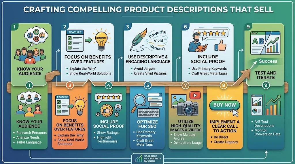 An infographic titled "CRAFTING COMPELLING PRODUCT DESCRIPTIONS THAT SELL" illustrating a 9-step guide: Know Your Audience, Focus on Benefits Over Features, Use Descriptive & Engaging Language, Incorporate Storytelling, Optimize for SEO, Include Social Proof, Utilize High-Quality Images & Videos, Implement a Clear Call to Action, and Test and Iterate.