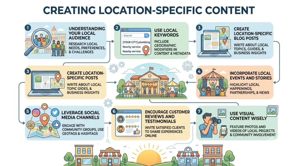 Infographic: 7 key steps for Creating Location-Specific Content to attract local customers, including audience research, local keywords, and social media engagement.