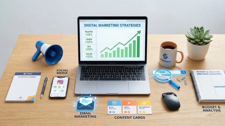 A top-down view of a modern desk with a laptop displaying a digital marketing growth chart, surrounded by a megaphone, smartphone, notebooks, a mug, and icons representing various marketing strategies.
