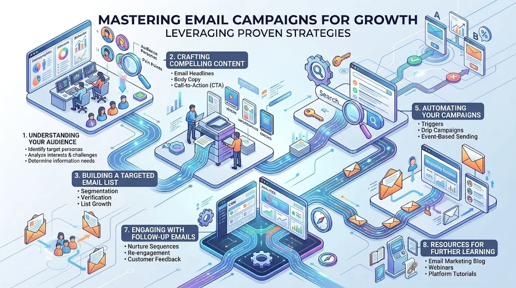 Isometric infographic detailing five strategies for mastering email campaigns to achieve growth.